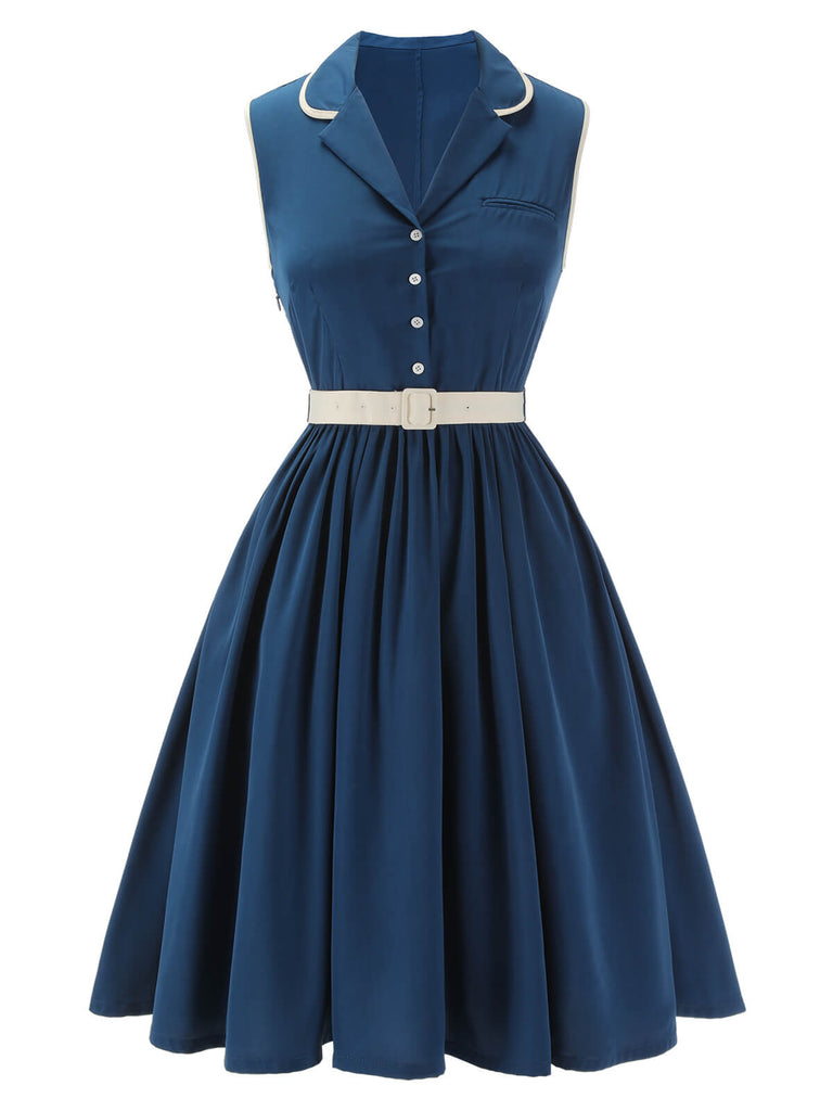 Robe à revers sans manches bleu marine des années 1960