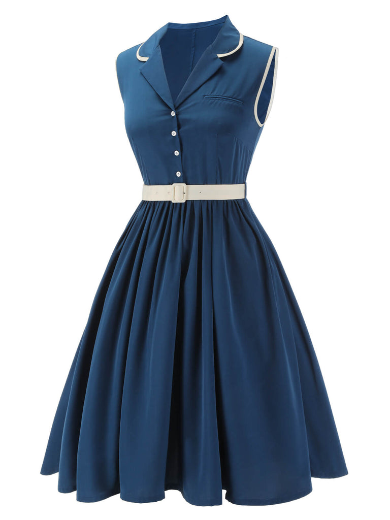 Robe à revers sans manches bleu marine des années 1960