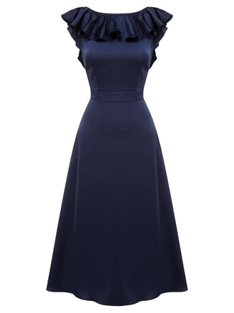 Robe de soirée bleu foncé à col à volants des années 1930