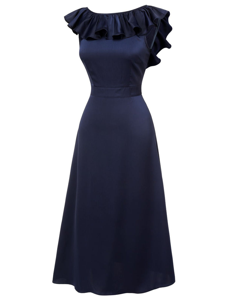 Robe de soirée bleu foncé à col à volants des années 1930