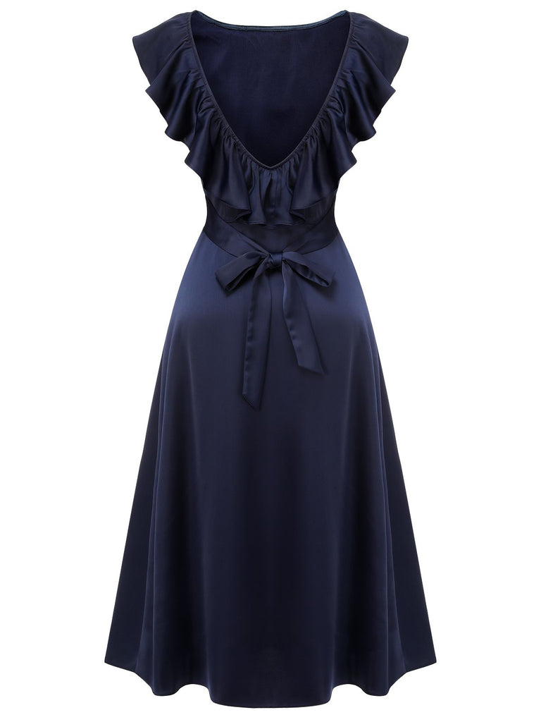 Robe de soirée bleu foncé à col à volants des années 1930