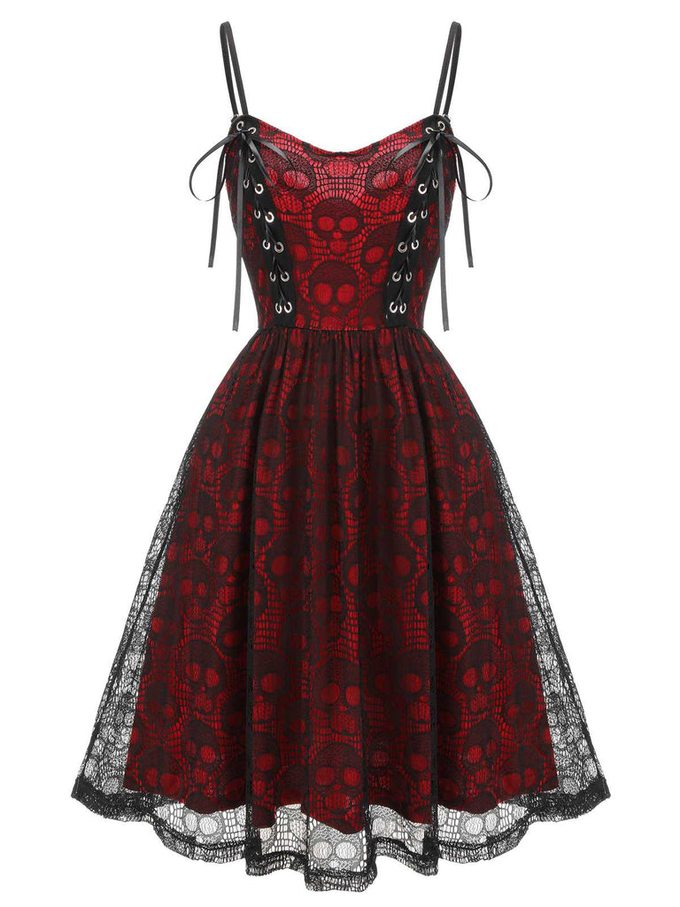 Robe de style gothique motif tête de mort rouge vin des années 1980