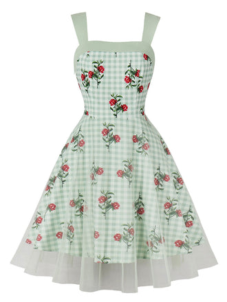 Robe patchwork en maille florale à carreaux verte des années 1950