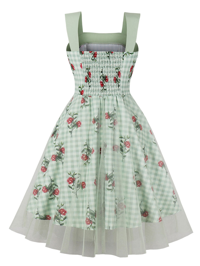 Robe patchwork en maille florale à carreaux verte des années 1950