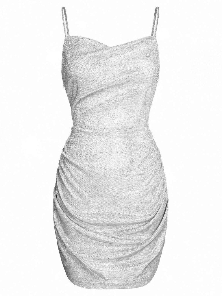 Robe crayon argentée à bretelles pailletées des années 1960