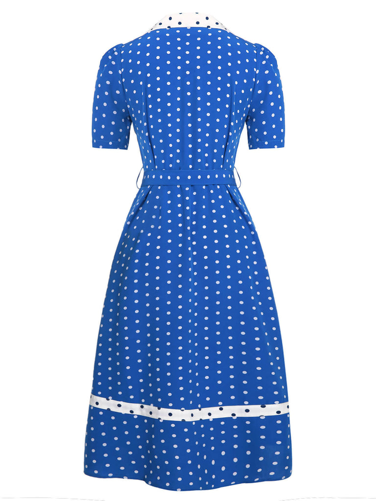 Robe à revers à pois bleue et blanche des années 1940