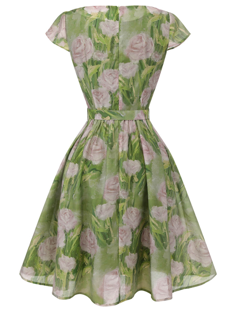 Robe rose peinte à l'huile verte des années 1960