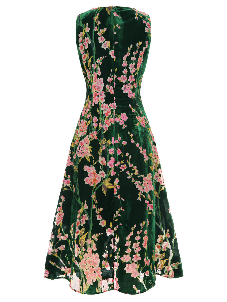 Robe sans manches en velours floral vert des années 1930