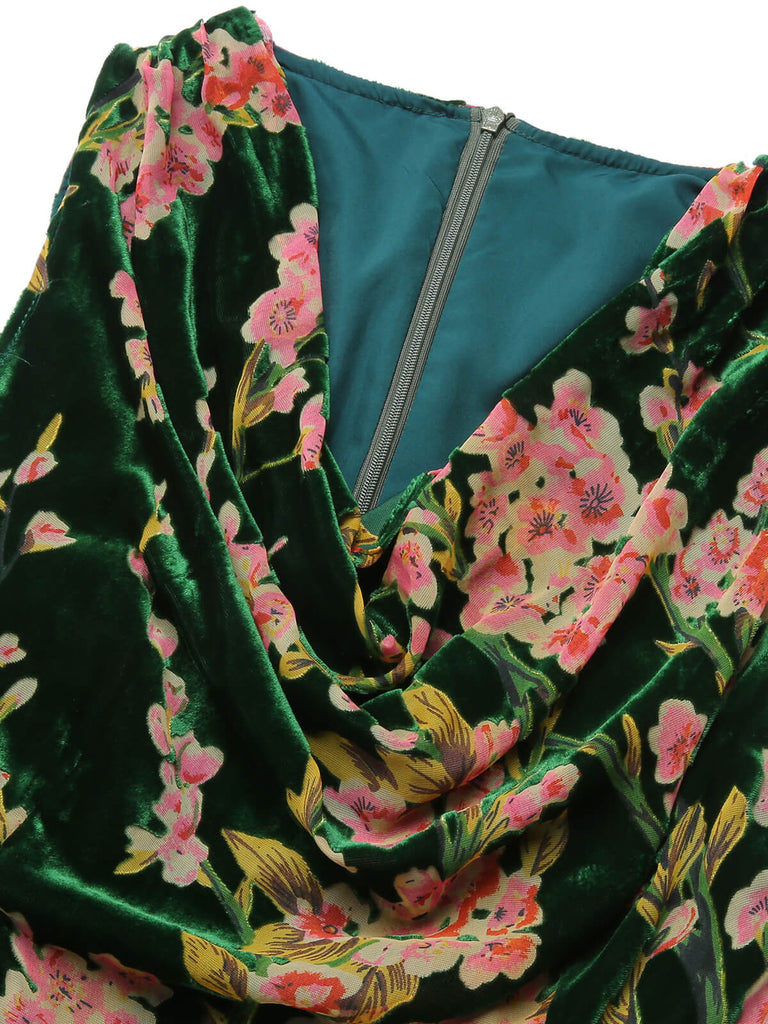 Robe sans manches en velours floral vert des années 1930