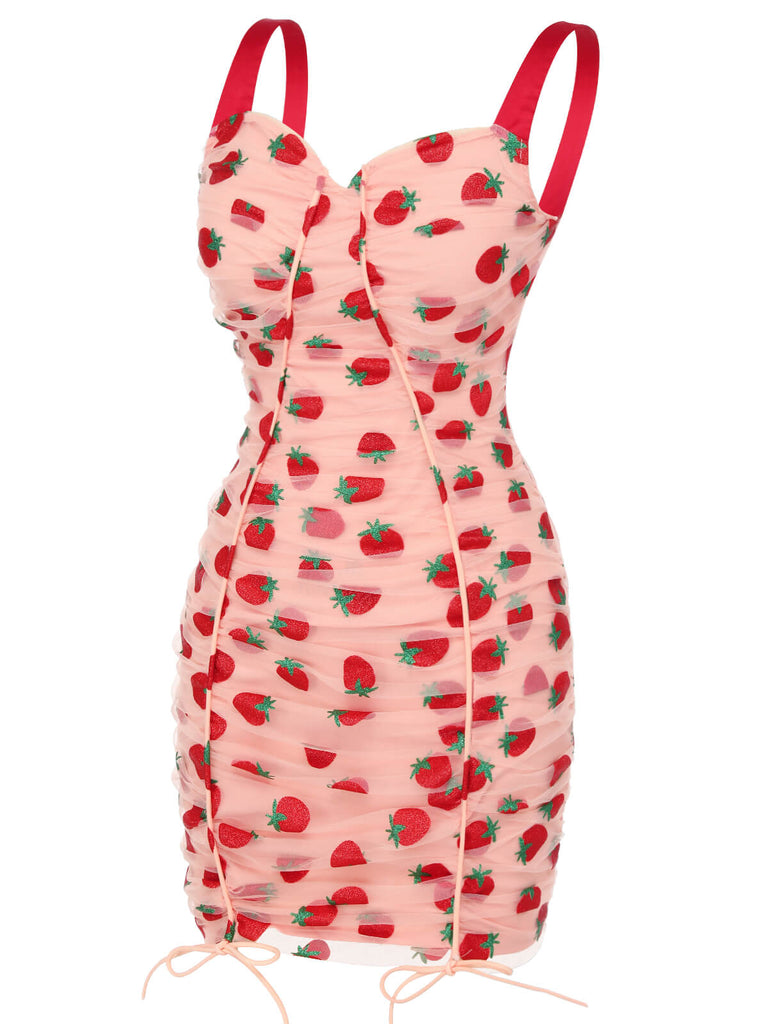 Robe crayon à bretelles aux fraises rose des années 1960