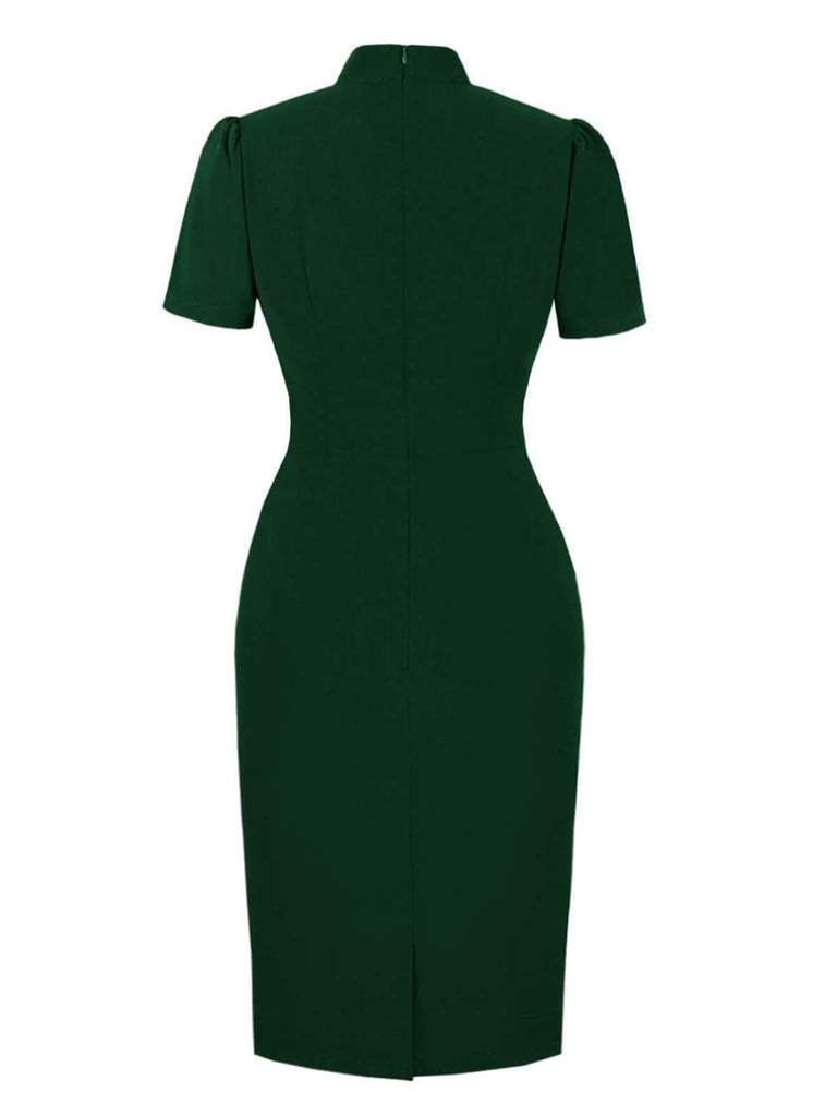 Robe crayon verte des années 1960 avec trou de serrure et col montant