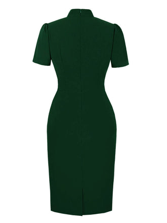 Robe crayon verte des années 1960 avec trou de serrure et col montant