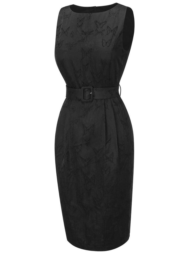 Robe noire sans manches papillon brodée des années 1960