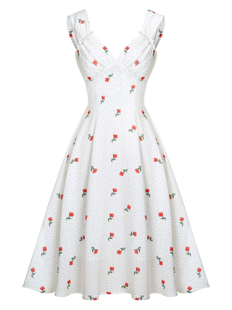 Robe blanche à pois en satin imitation cerise des années 1950