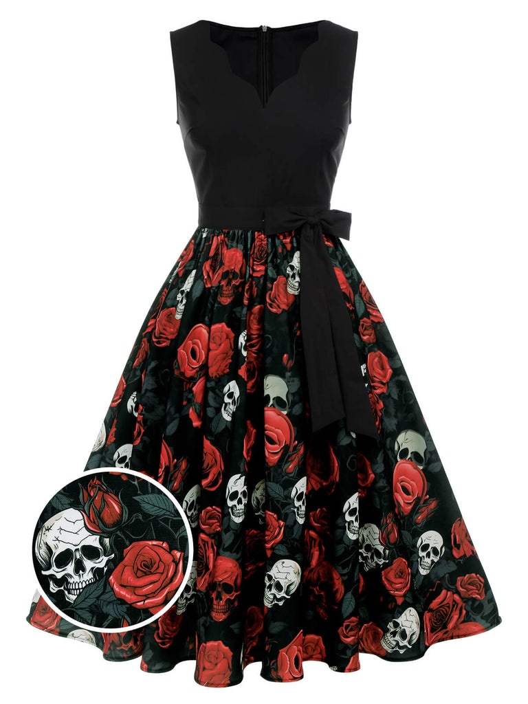 Robe noire sans manches rose tête de mort d'Halloween des années 1950