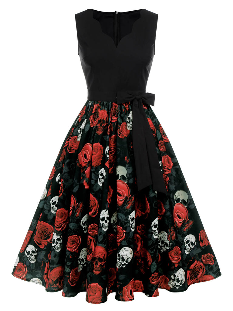 Robe noire sans manches rose tête de mort d'Halloween des années 1950