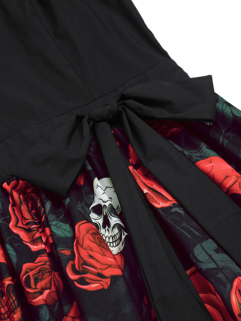 Robe noire sans manches rose tête de mort d'Halloween des années 1950