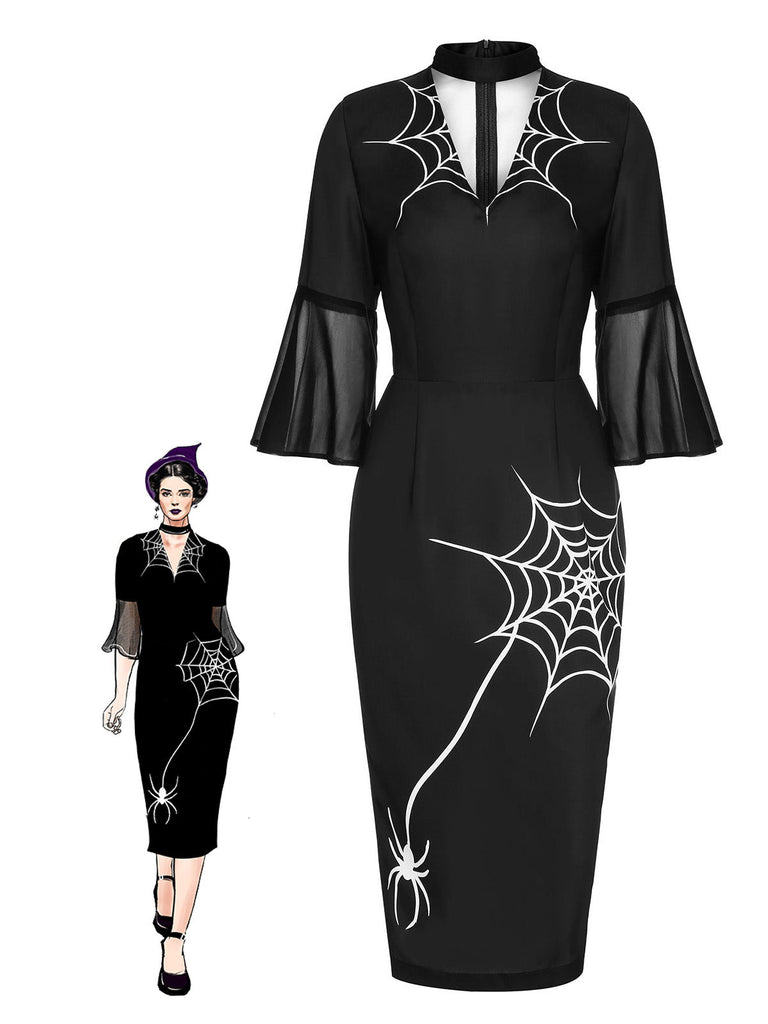 Robe crayon noire en toile d'araignée d'Halloween des années 1960