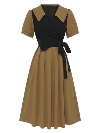 Robe trapÚze kaki à revers en patchwork color-block des années 1940