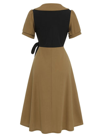 Robe trapÚze kaki à revers en patchwork color-block des années 1940