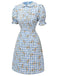 Robe bleue à carreaux floraux à manches bouffantes des années 1960