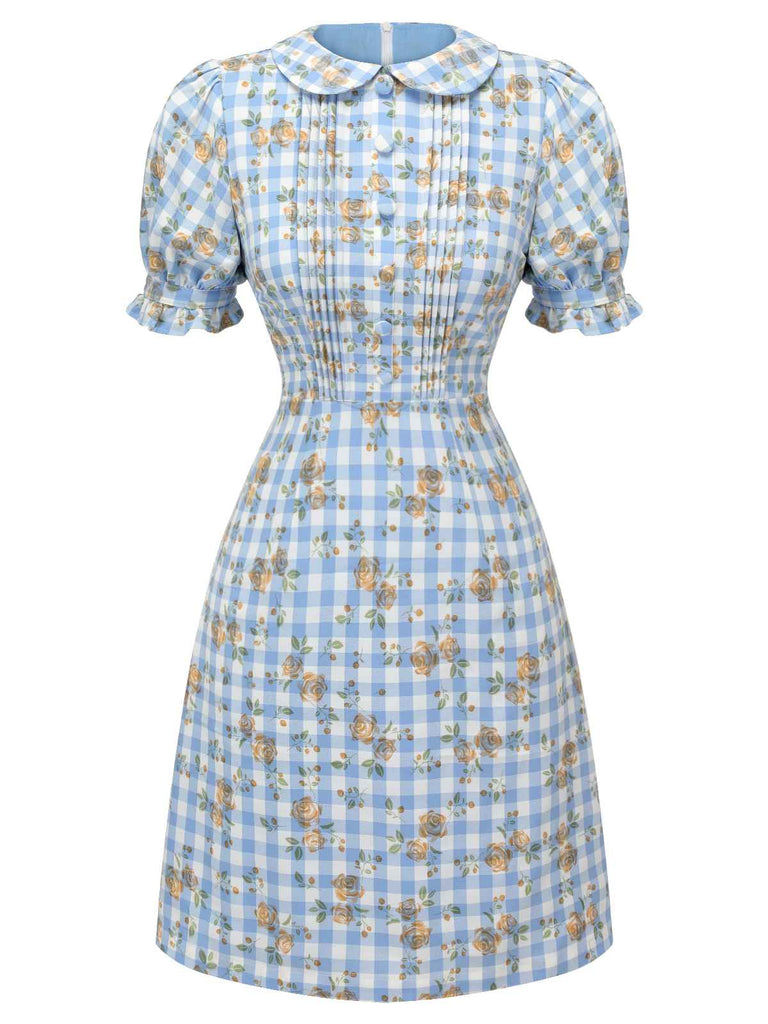 Robe bleue à carreaux floraux à manches bouffantes des années 1960