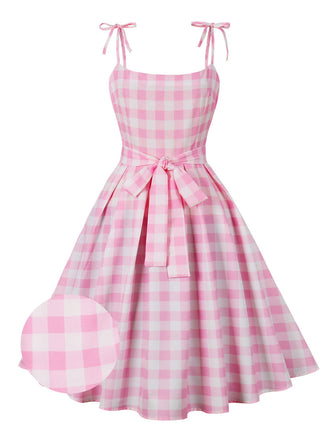 Robe trapÚze à carreaux rose années 1950 à bretelles spaghetti