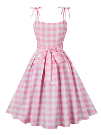 Robe trapÚze à carreaux rose années 1950 à bretelles spaghetti