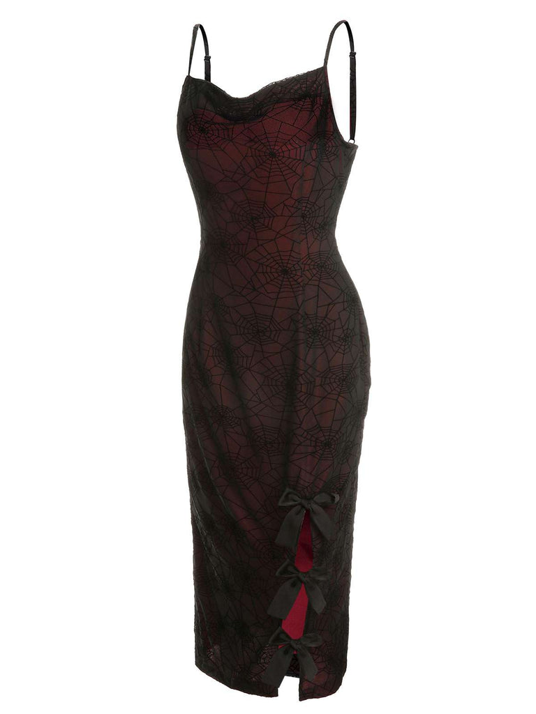 Robe en toile d'araignée d'Halloween rouge foncé des années 1960