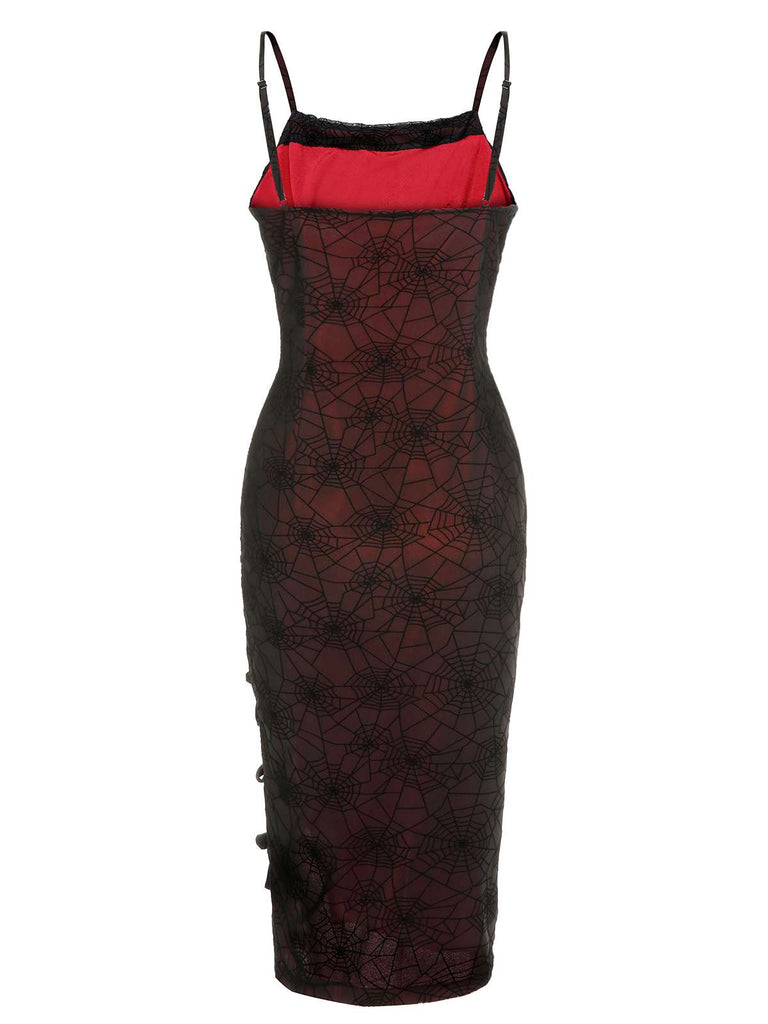 Robe en toile d'araignée d'Halloween rouge foncé des années 1960