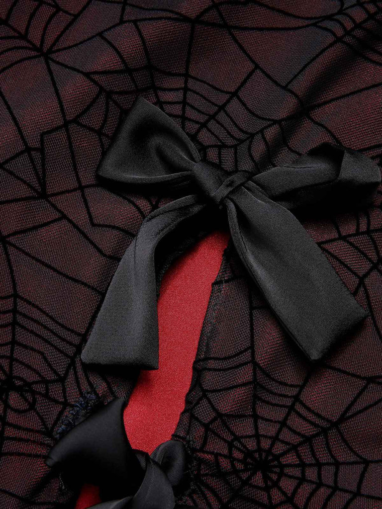 Robe en toile d'araignée d'Halloween rouge foncé des années 1960