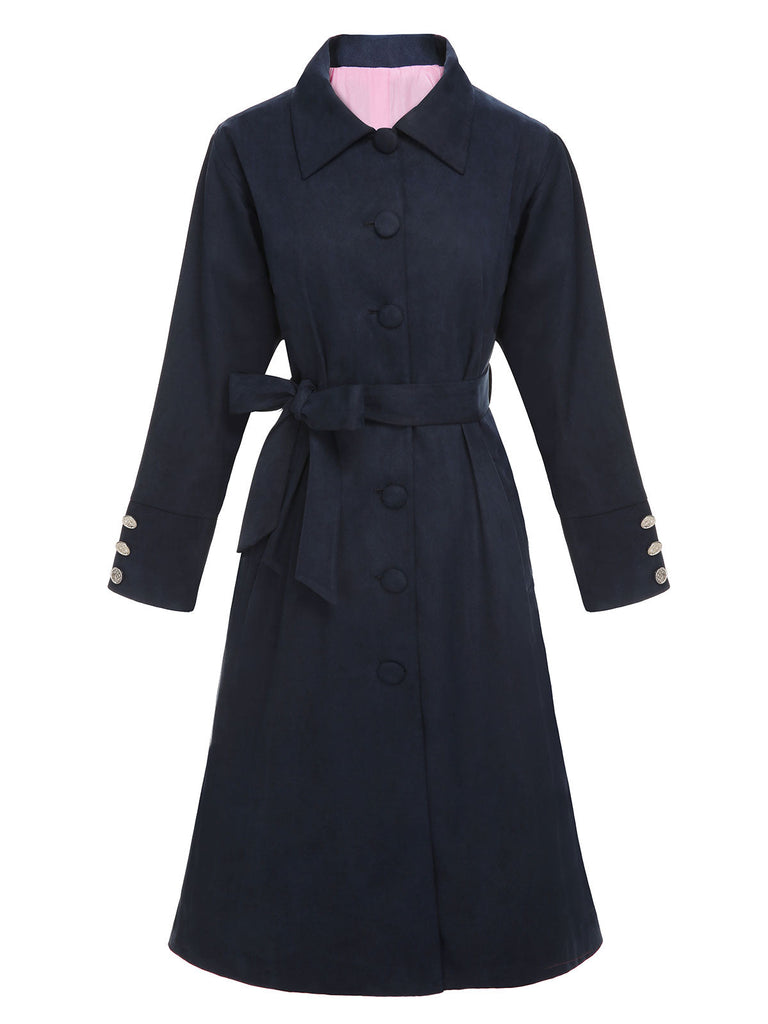 Manteau ceinturé à revers uni bleu foncé des années 1950