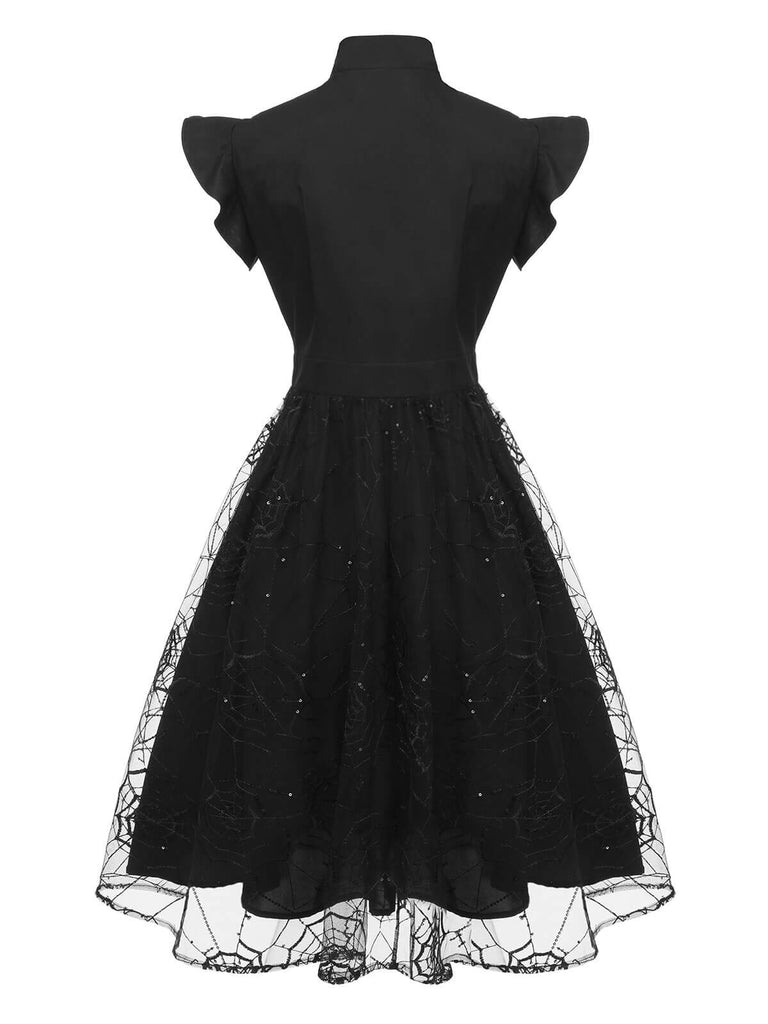 Robe noire en maille araignée à paillettes des années 1950