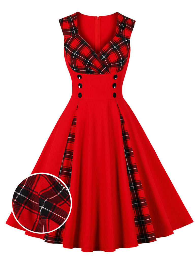 Robe rouge col en V à carreaux des années 1950