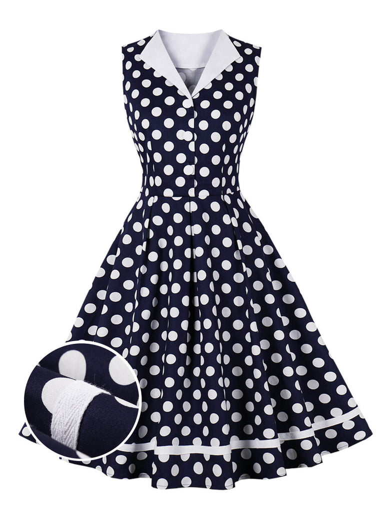 Robe à revers bleu marine à pois des années 1950