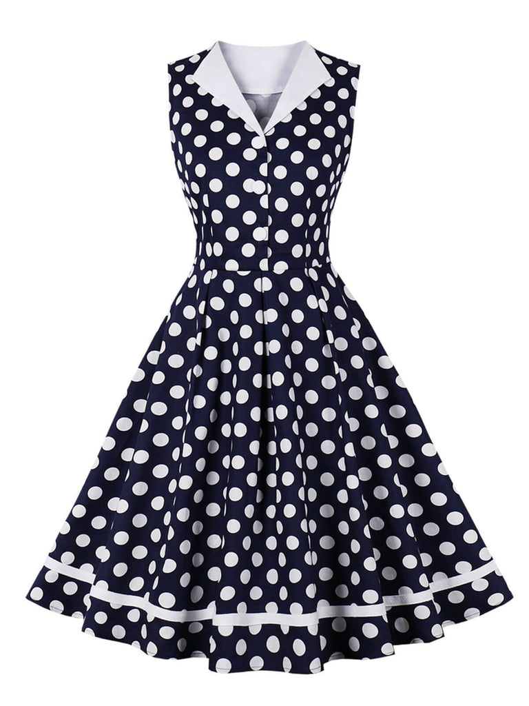 Robe à revers bleu marine à pois des années 1950