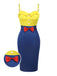 Robe crayon jaune et bleue à bretelles avec nœud des années 1960