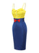 Robe crayon jaune et bleue à bretelles avec nœud des années 1960