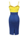 Robe crayon jaune et bleue à bretelles avec nœud des années 1960