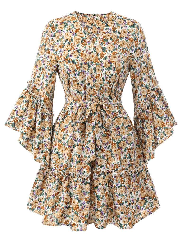 Robe florale à col en V et manches évasées des années 1960