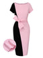 Robe noire et rose à col bateau et ceinture contrastée des années 1960