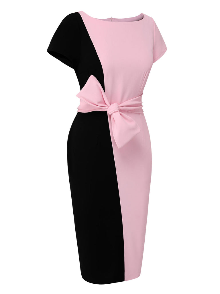 Robe noire et rose à col bateau et ceinture contrastée des années 1960