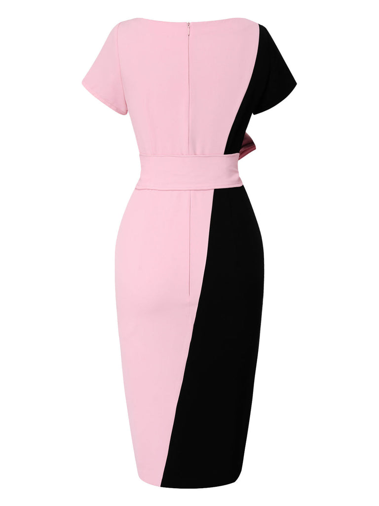 Robe noire et rose à col bateau et ceinture contrastée des années 1960