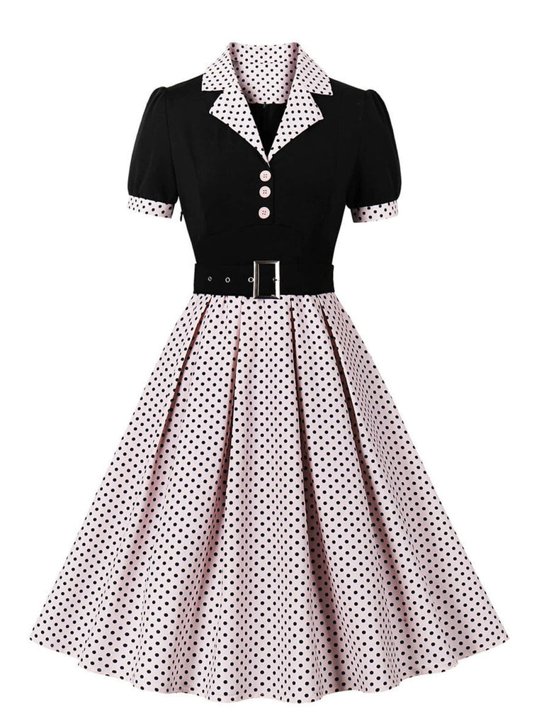 Robe à revers à pois color block des années 1950