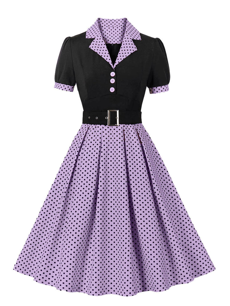 [Grande taille] Robe à revers à pois en blocs de couleurs des années 1950