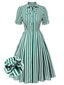 Robe rayée vert foncé des années 1950 à col noué