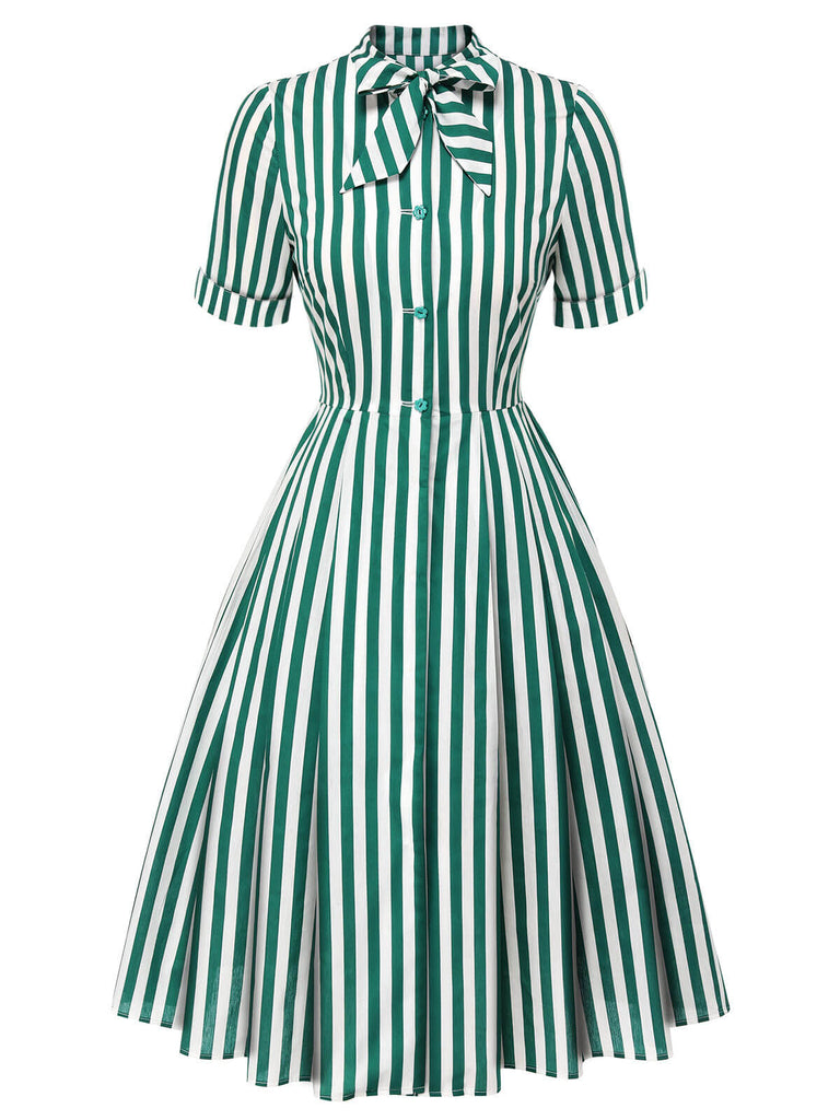 Robe rayée vert foncé des années 1950 à col noué