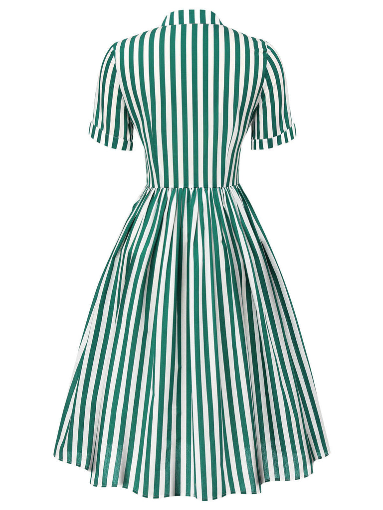 Robe rayée vert foncé des années 1950 à col noué