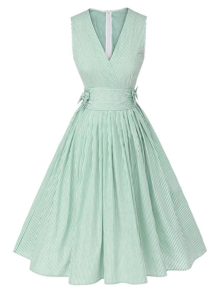 Robe rayée vert menthe à col en V des années 1950