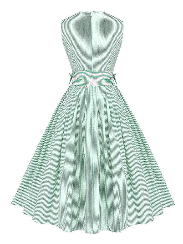 Robe rayée vert menthe à col en V des années 1950